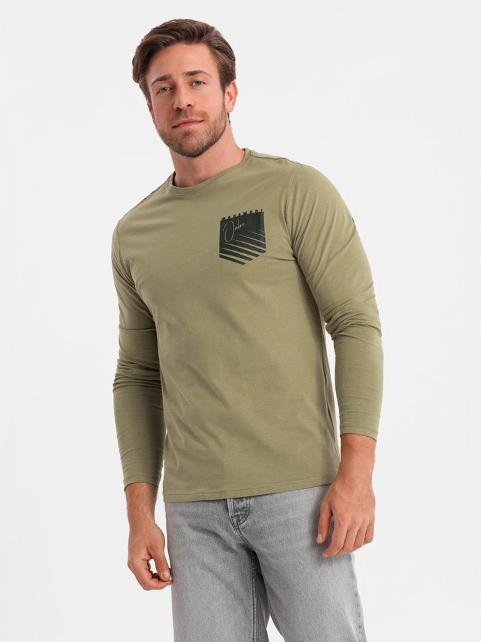 Longsleeve męski z printem w kształcie kieszonki - oliwkowy V2 OM-LSPT-0118