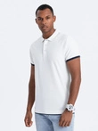 Vyriški medvilniniai polo marškinėliai su kontrastiniu apvadu - balti V1 OM-POSS-0113