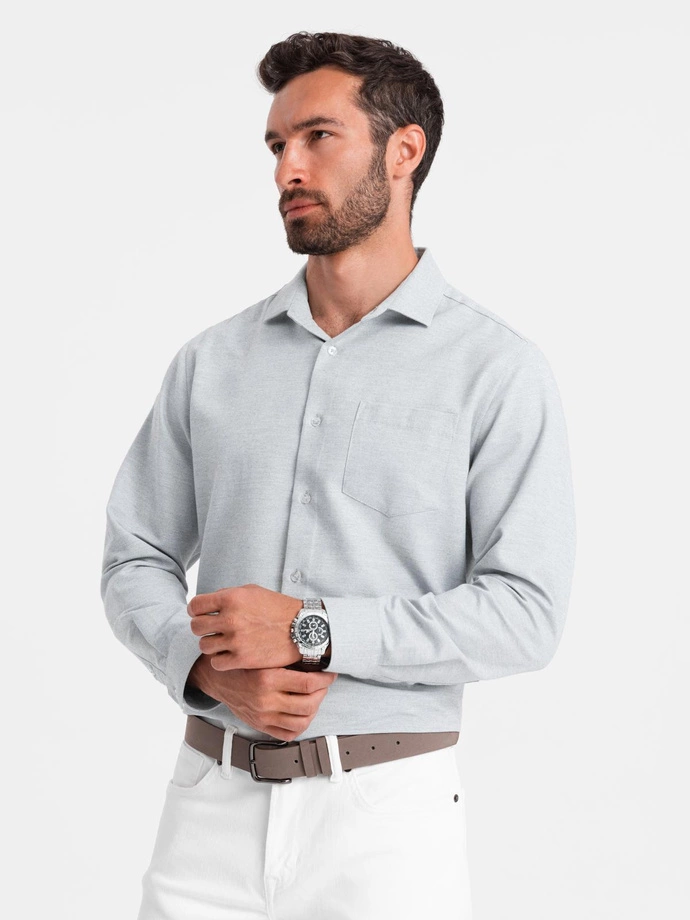 Cămașă bărbătească REGULAR FIT cu buzunar - gri deschis melange V2 OM-SHCS-0148