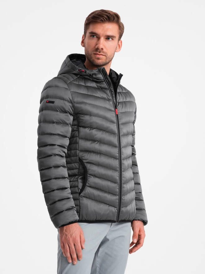 Lightly insulated quilted men's jacket with satin trim - graphite V14 OM-JALP-0180