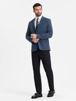 Elegantiška vyriška SLIM FIT striukė su rajono audiniu - tamsiai mėlyna V3 OM-BLZB-0135