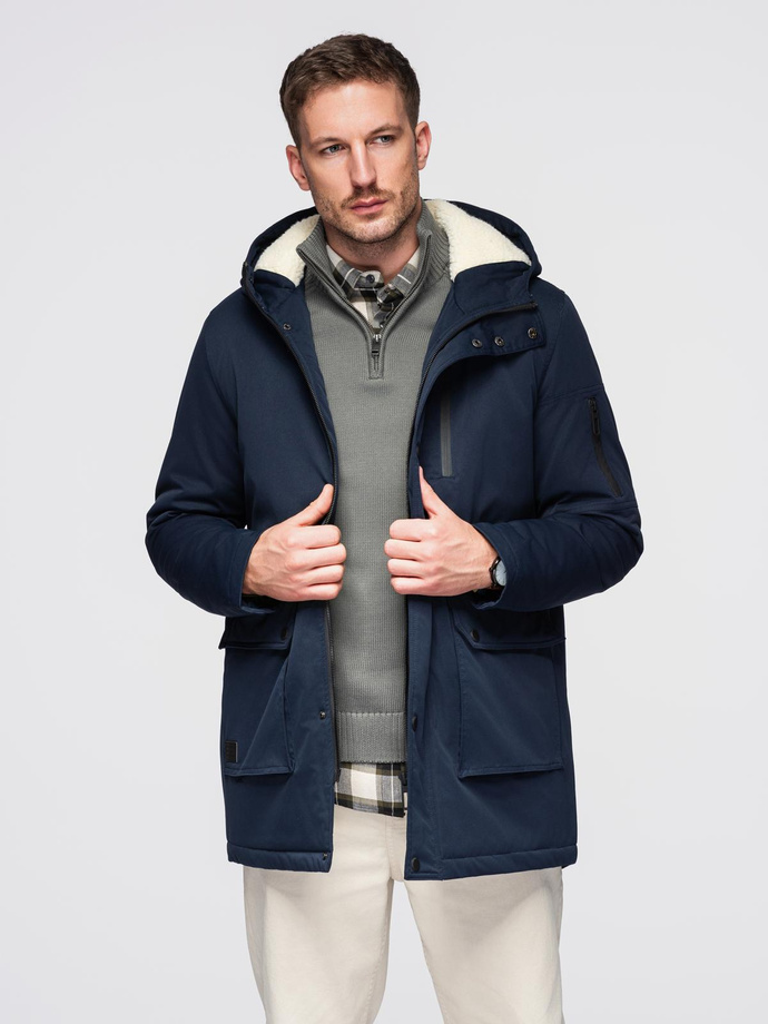 Warmed quilted men's jacket with raglan sleeves - extinguished purple V6 OM-JAHP-0302