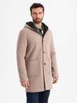 Melange long men's hooded coat - beige V2 OM-COWC-0122