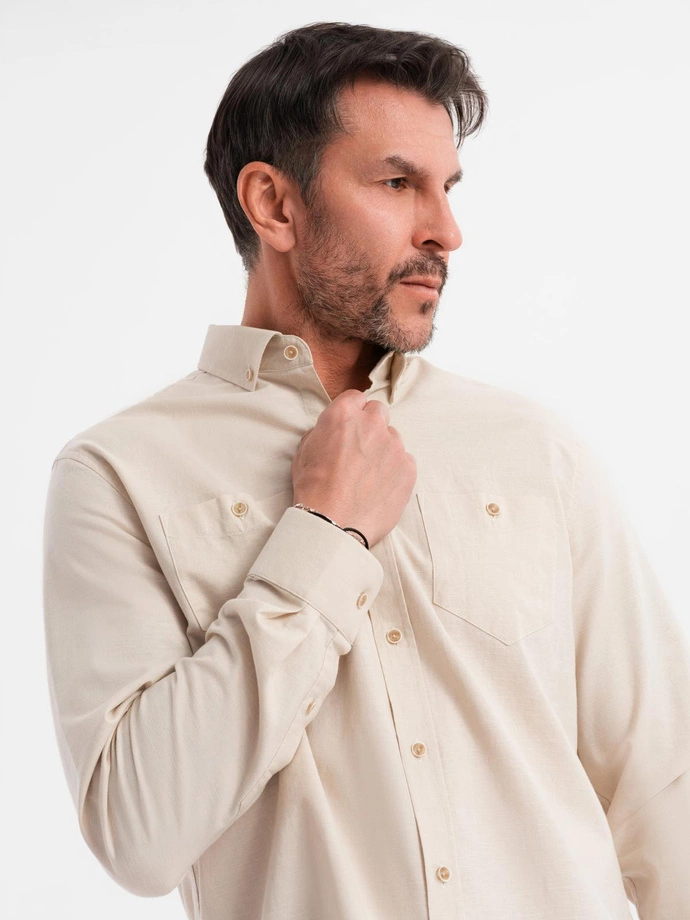Men's linen shirt with classic collar and pockets REGULAR FIT - cream V3 OM-SHCS-0134