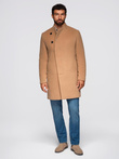 Men's coat with asymmetrical fastening and high collar - light brown V4 OM-COWC-0141