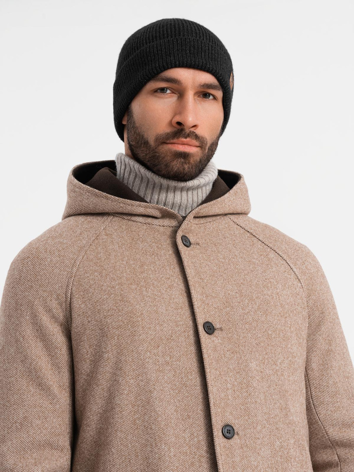 Pánsky melanžový dlhý kabát s kapucňou - béžový V2 OM-COWC-0122