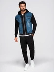 Jachetă din denim pentru bărbați cu mâneci tricotate și glugă - albastru și negru V2 OM-JADJ-0220