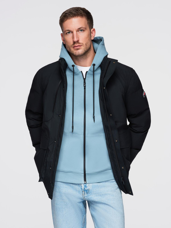 Jachetă de iarnă pentru bărbați cu glugă detașabilă din material impermeabil - negru V3 OM-JAHP-0306