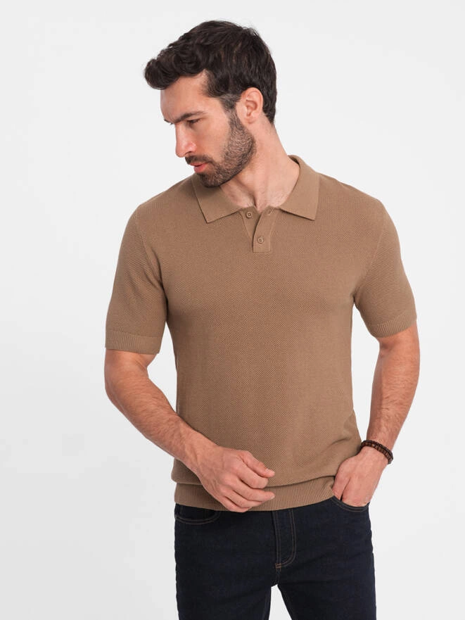 Tricou polo structurat pentru bărbați - maro deschis V3 OM-POSS-0117