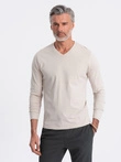 Men's unprinted longsleeve with v-neck - light beige V1 OM-LSBL-0108