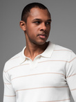 Men's horizontal striped polo longsleeve with viscose - white and beige V4 OM-POLS-0146