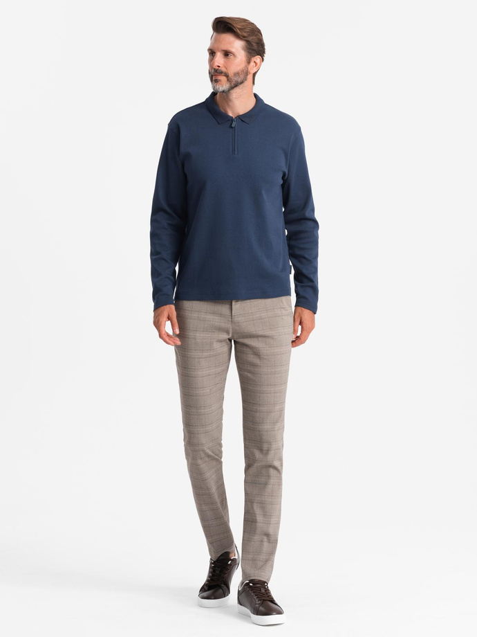 Pánska polokošeľa s dlhým rukávom a golierom na zips - tmavomodrá V7 OM-POLS-0130