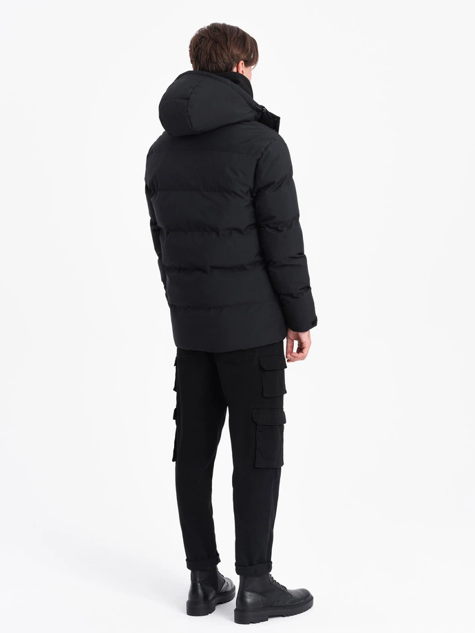 Men's winter jacket with detachable hood and cargo pockets - black V3 OM-JAHP-0152