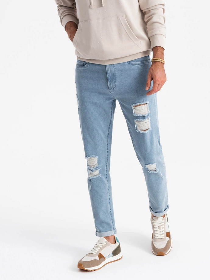 Pantaloni bărbătești TAPER FIT din denim spălați cu frecare - albastru V1 OM-PADP-0163