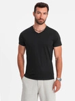 Tricou clasic din bumbac pentru bărbați BASIC cu guler în V - negru V1 OM-TSBS-0145
