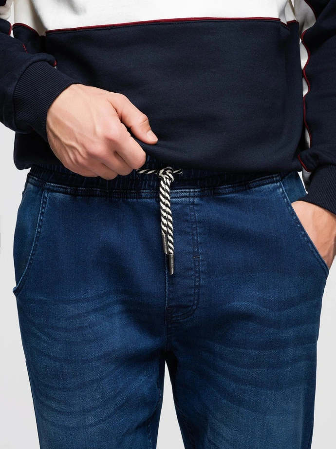 Pantaloni jogger din denim pentru bărbați cu talie cu nervuri - albastru închis V3 OM-PADJ-0242