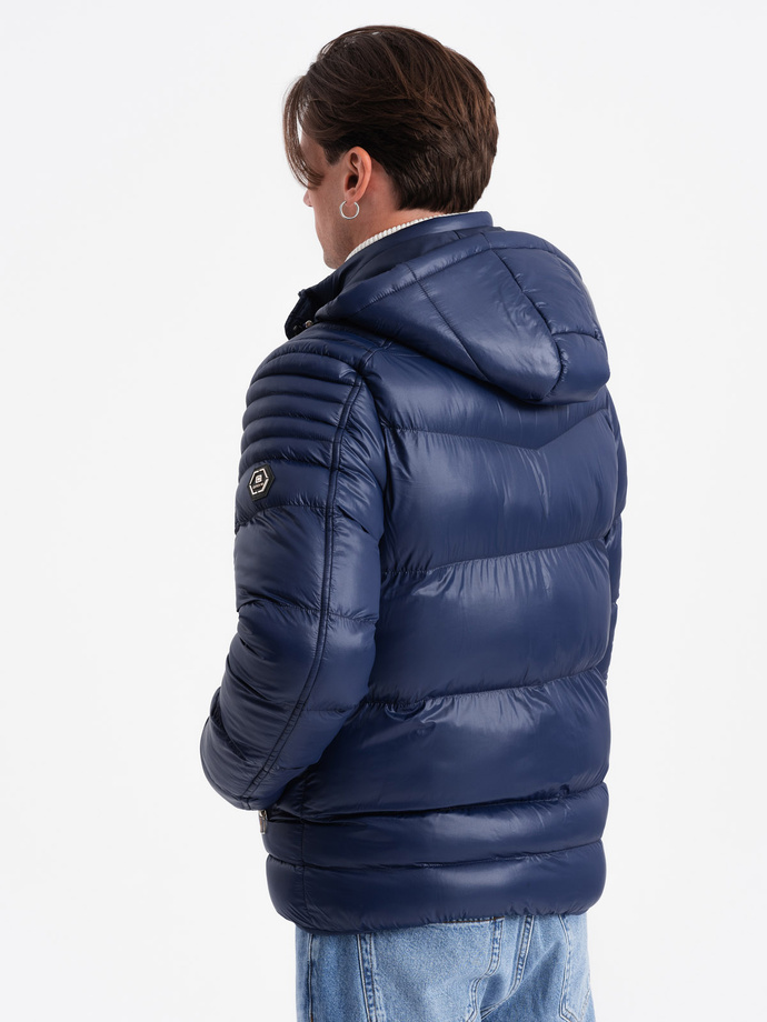 Heavily insulated quilted men's jacket with detachable hood - navy blue V2 OM-JAHP-22FW-010