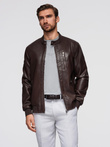 Men's imitation leather jacket with ribbed hem - dark brown V1 OM-JAFL-0109