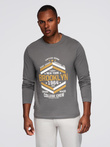 Vyriški kolegialaus stiliaus marškinėliai su spauda ir ilgomis rankovėmis - pilki V1 OM-LSPT-0117