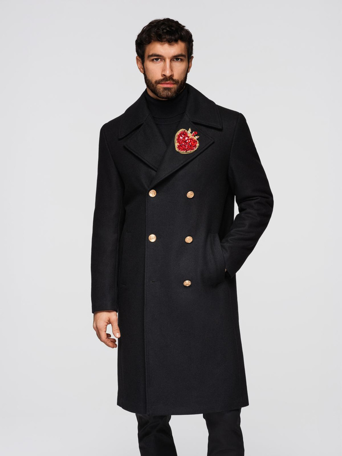 Men's double-breasted wool coat with decorative appliqués - black V1 OM-COWC-0147