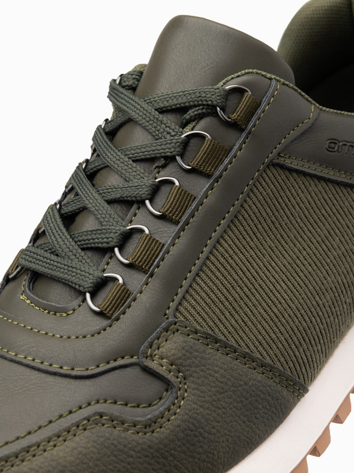 Pantofi sport pentru bărbați din material combinat Patchwork - dark olive V4 OM-FOSL-0144