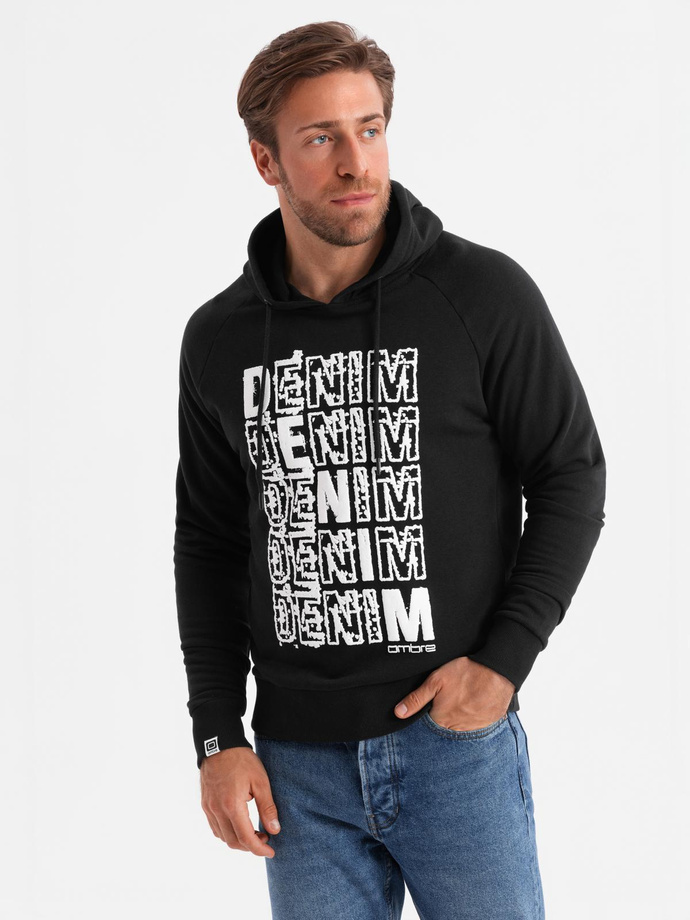 Men's unlined kangaroo sweatshirt with hood and print - black V1 OM-SSPS-0158