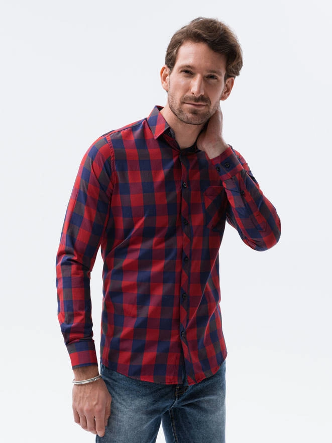 Men's check shirt with long sleeves - red/navy K282