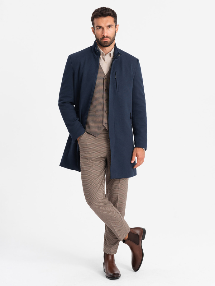 Men's tailored structured coat with high collar - navy blue V2 OM-COWC-0117