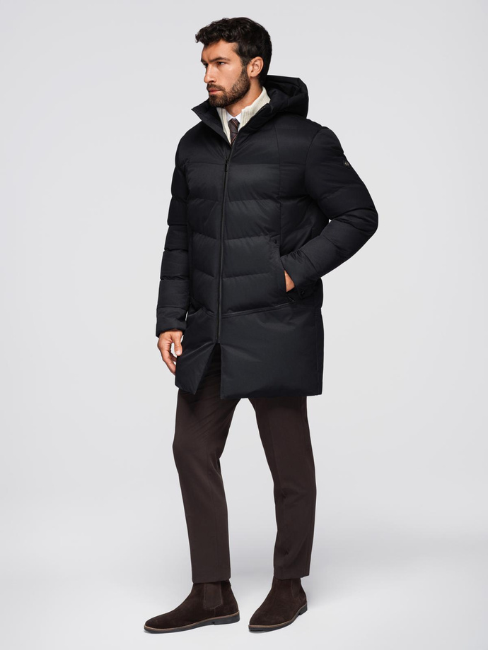 Men's long quilted jacket with hood - black V1 OM-JALJ-0264