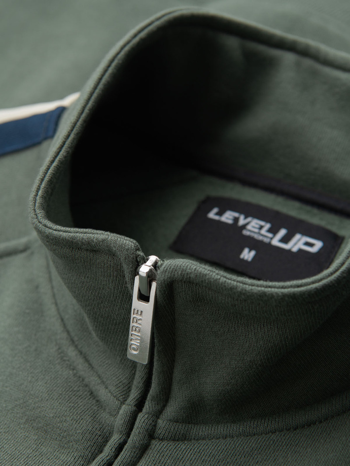 Men's sweatshirt with high collar and stripes - olive V2 OM-SSZP-0219