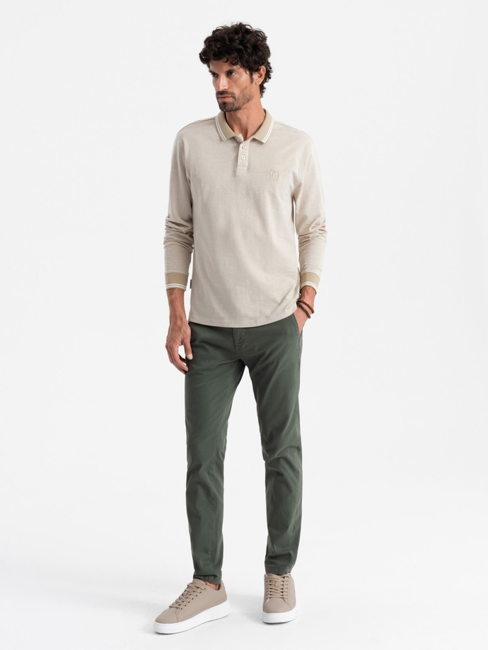 Vyriškas melanžinis polo marškinėlis ilgomis rankovėmis su siuvinėjimu - smėlio spalvos melanžas V4 OM-POLS-0129 