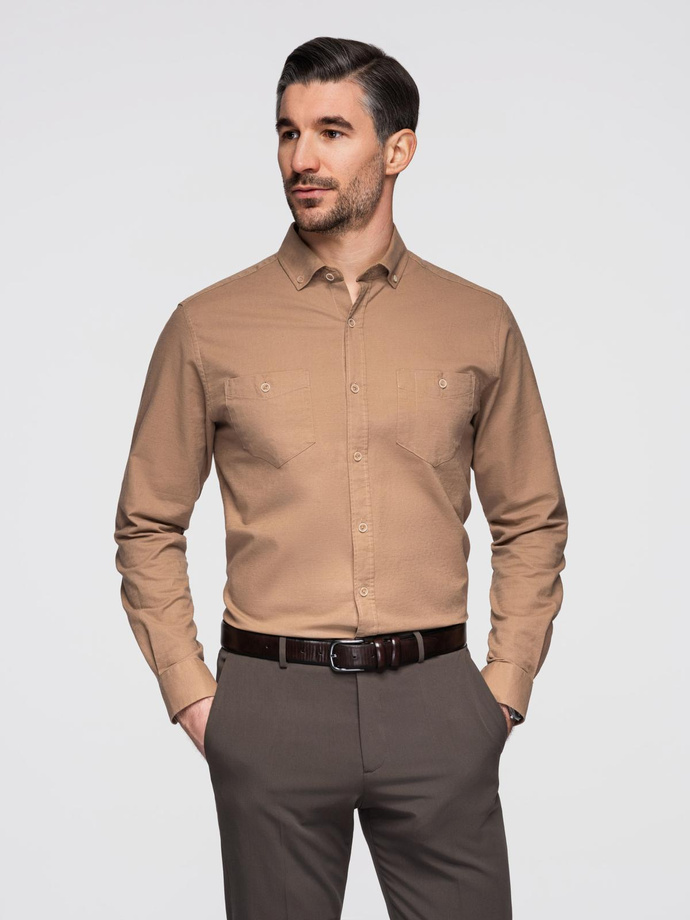 Men's linen shirt with classic collar and pockets REGULAR FIT - light brown V7 OM-SHCS-0134