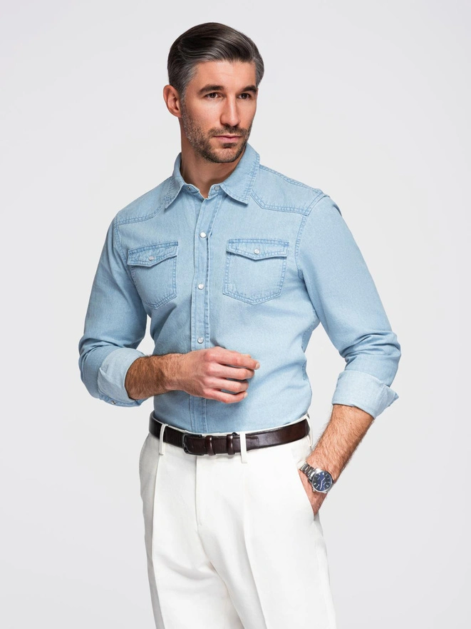 Men's denim snap shirt with pockets - blue V2 OM-SHDS-0115