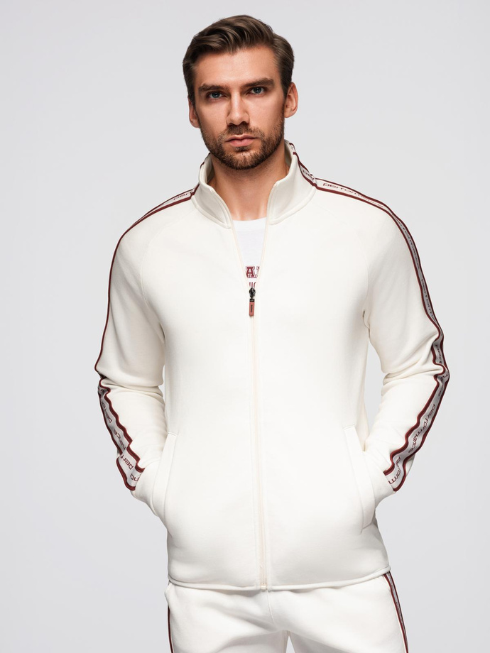 Men's unbuttoned sweatshirt with piping and high collar - cream V2 OM-SSZP-0224