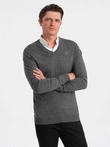 Pánsky sveter s výstrihom do V a košeľovým golierom - grafitový V3 OM-SWSW-0102