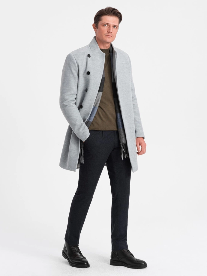 Men's coat with asymmetrical fastening - grey melange V1 OM-COWC-0102