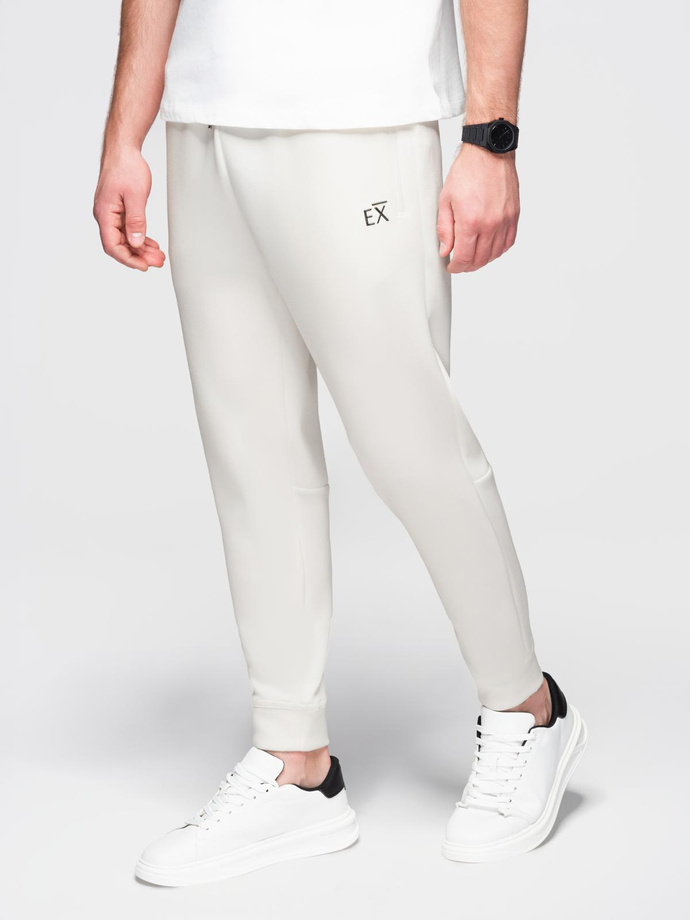 Men's sweatpants with ribbed legs and rubber print - white V2 OM-PASK-0223