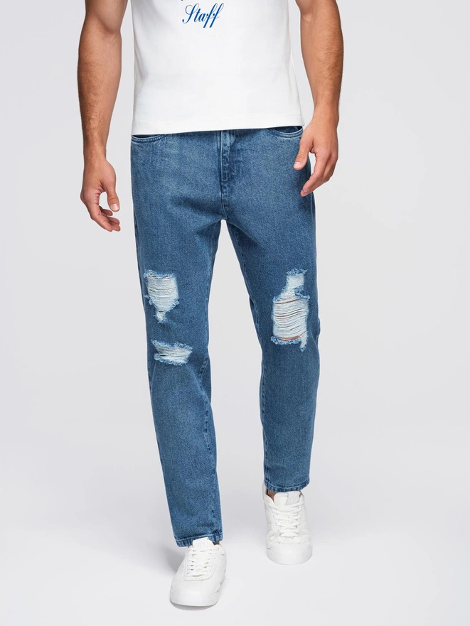Pánske džínsové nohavice CARROT FIT s odretými okrajmi - modré V2 OM-PADP-0250