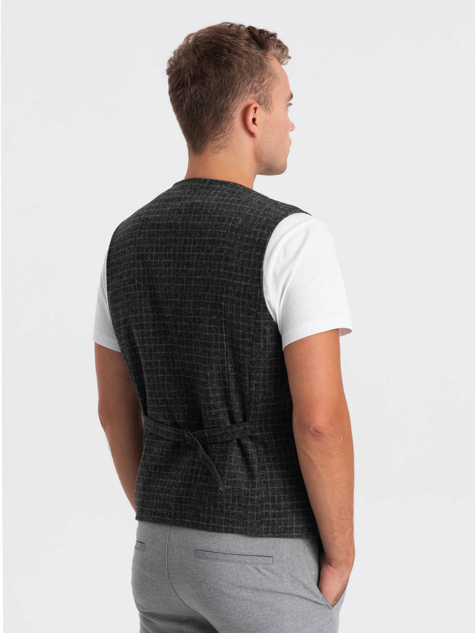 Men's wool blend vest with checkered lapels - graphite V1 OM-BLZV-0110