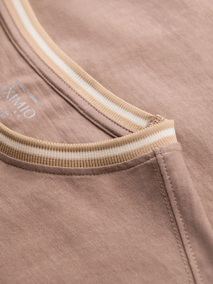 Men's cotton longsleeve with striped U neckline and embroidery - brown V6 OM-LSCL-0128