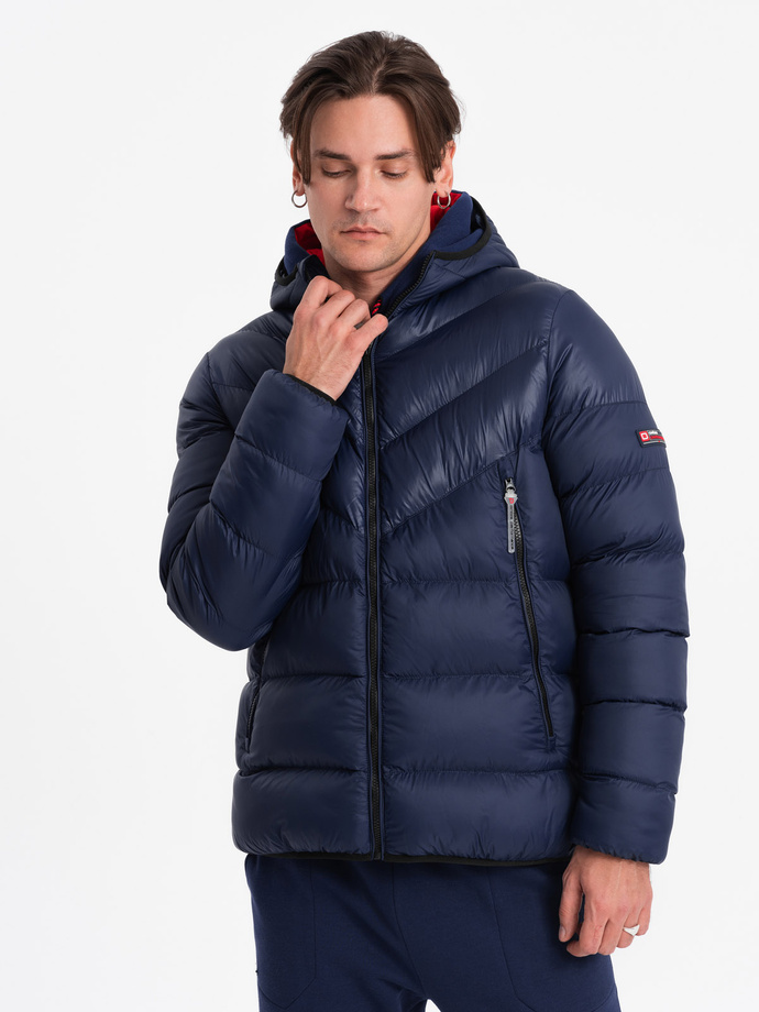 Men's winter quilted jacket of combined materials - navy blue V2 OM-JAHP-0145