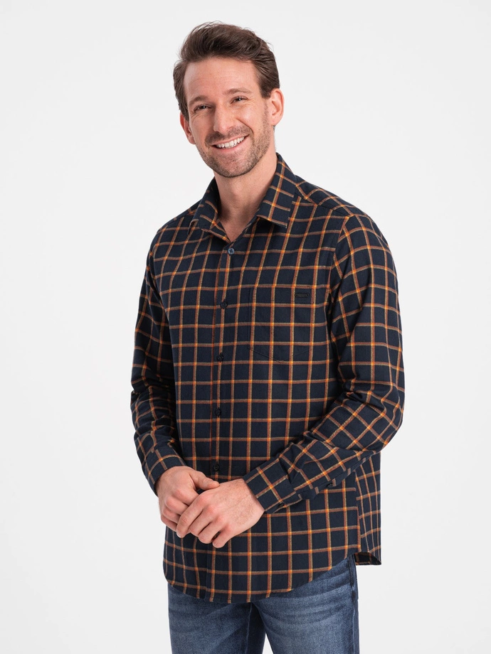 Cămașă de flanelă cu carouri SLIM FIT pentru bărbați - albastru marin și portocaliu V1 OM-SHCS-0145