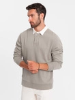 Men's sweatshirt with white polo collar - dark beige V2 OM-SSNZ-0132