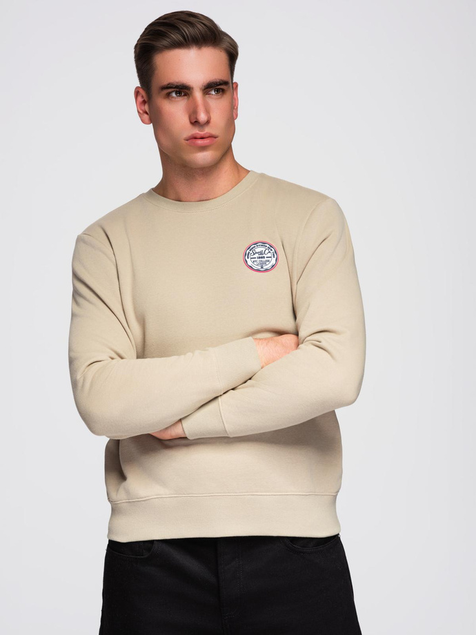 Men's non-stretch sweatshirt with college style patch - sand V3 OM-SSNZ-0134