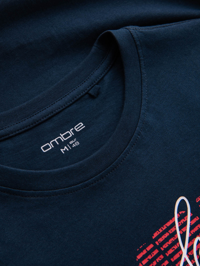 Tricou bărbătesc din bumbac cu logo dublu imprimat - albastru marin V3 OM-TSPT-0211