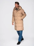 Men's quilted long jacket with detachable hood - beige V2 OM-JALJ-0190