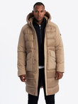 Men's long quilted jacket with large pockets - beige V2 OM-JALJ-0165