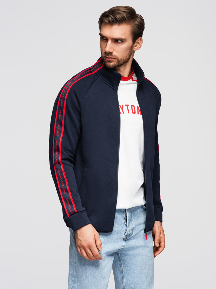 Men's unbuttoned sweatshirt with piping and high collar - navy blue V3 OM-SSZP-0224