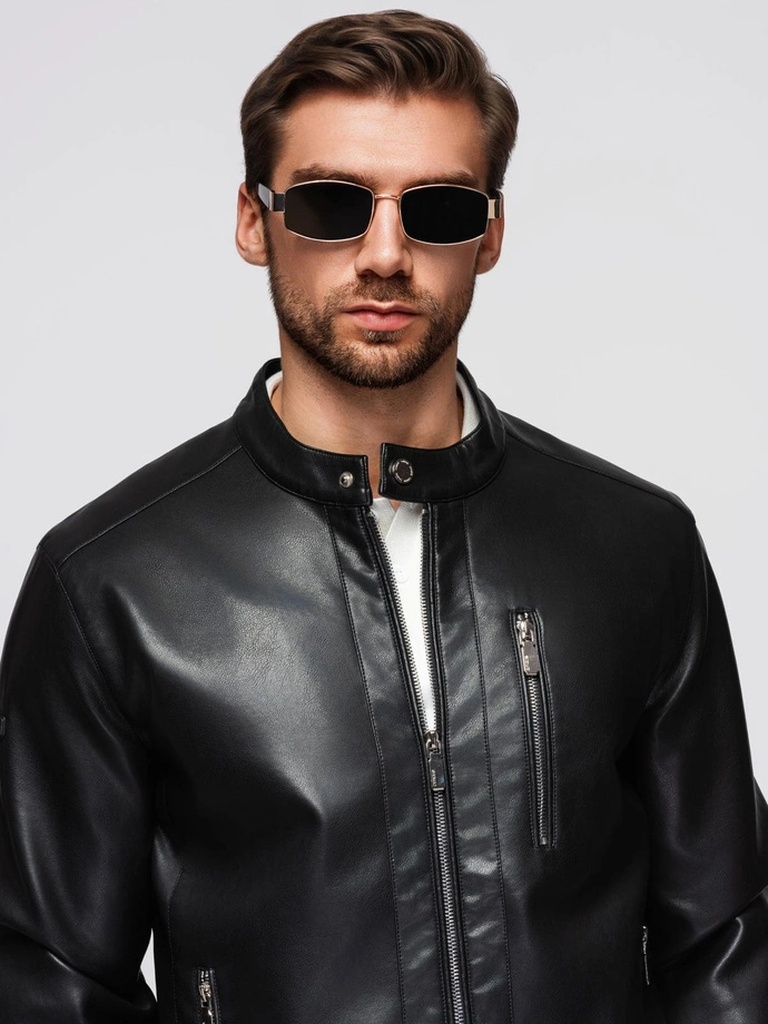 Jachetă bărbătească din piele artificială cu tiv cu nervuri - negru V2 OM-JAFL-0109