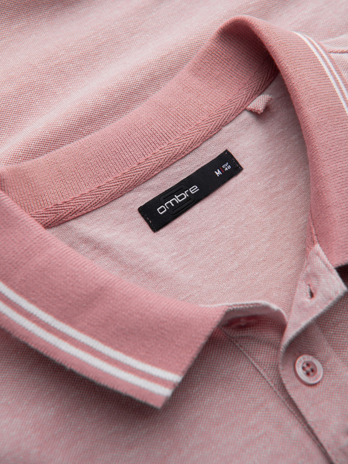 Melange men's polo shirt with striped collar - pink V2 OM-POSS-0109
